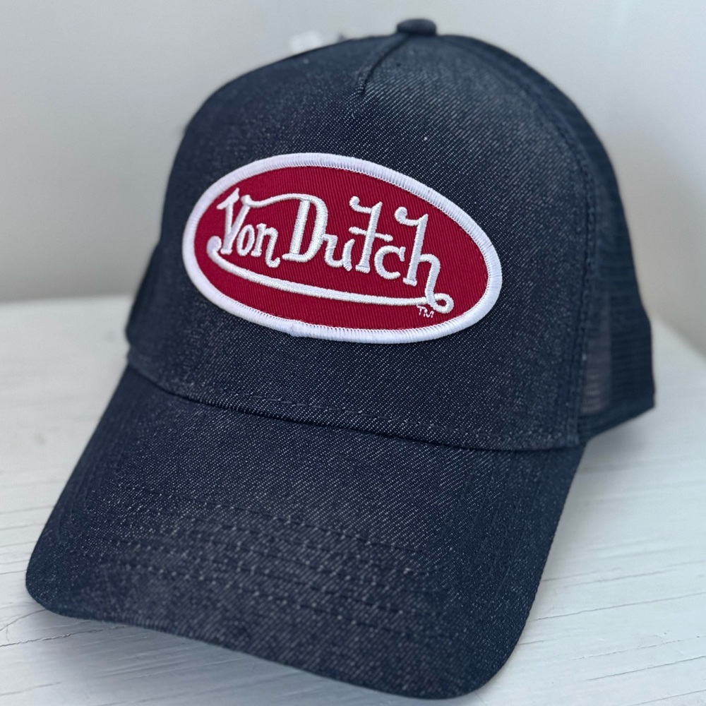 NWT Von Dutch Navy Denim with Red and White Logo Classic Trucker Hat - SnapBack
